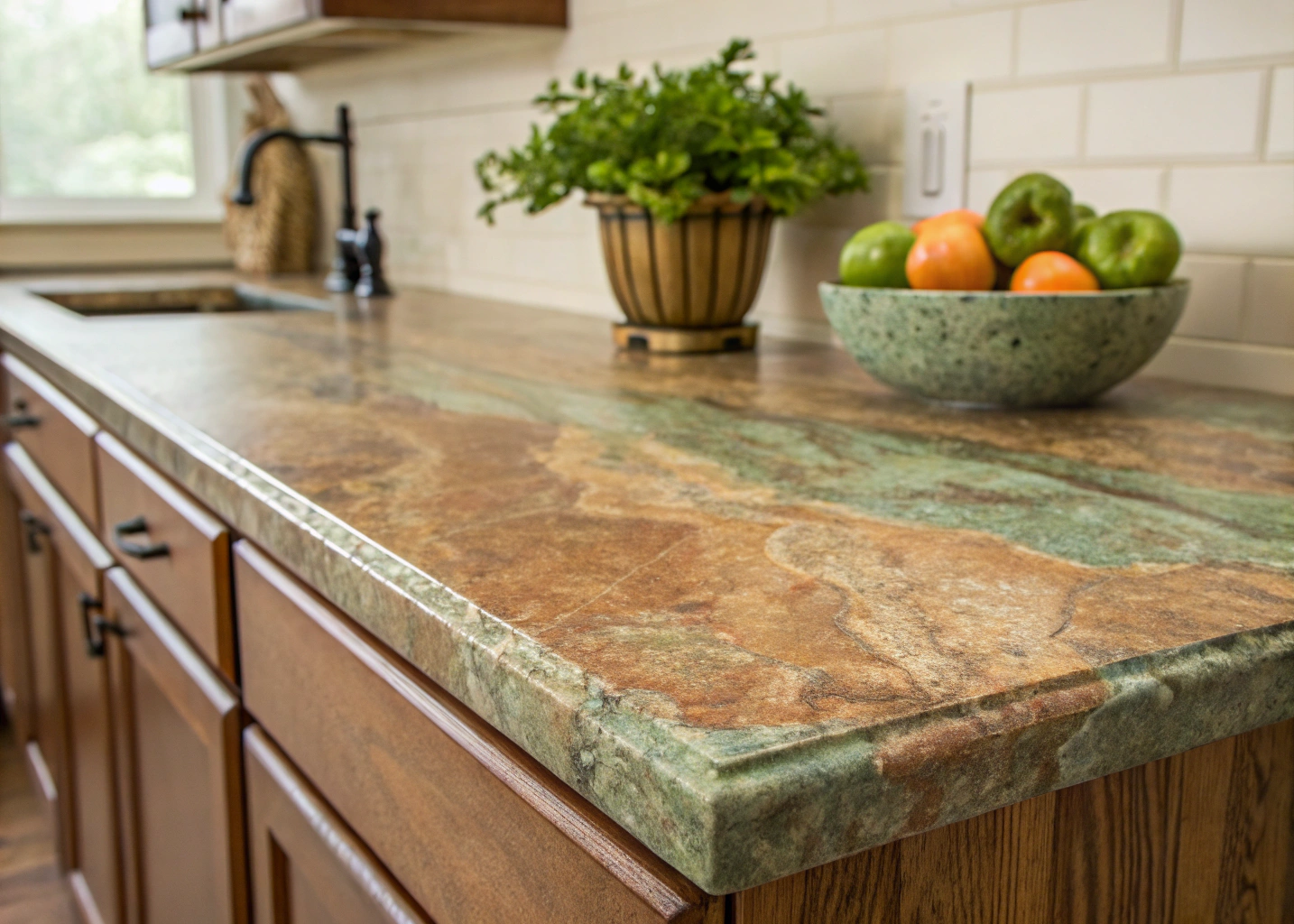 Countertop material samples in earthy tones