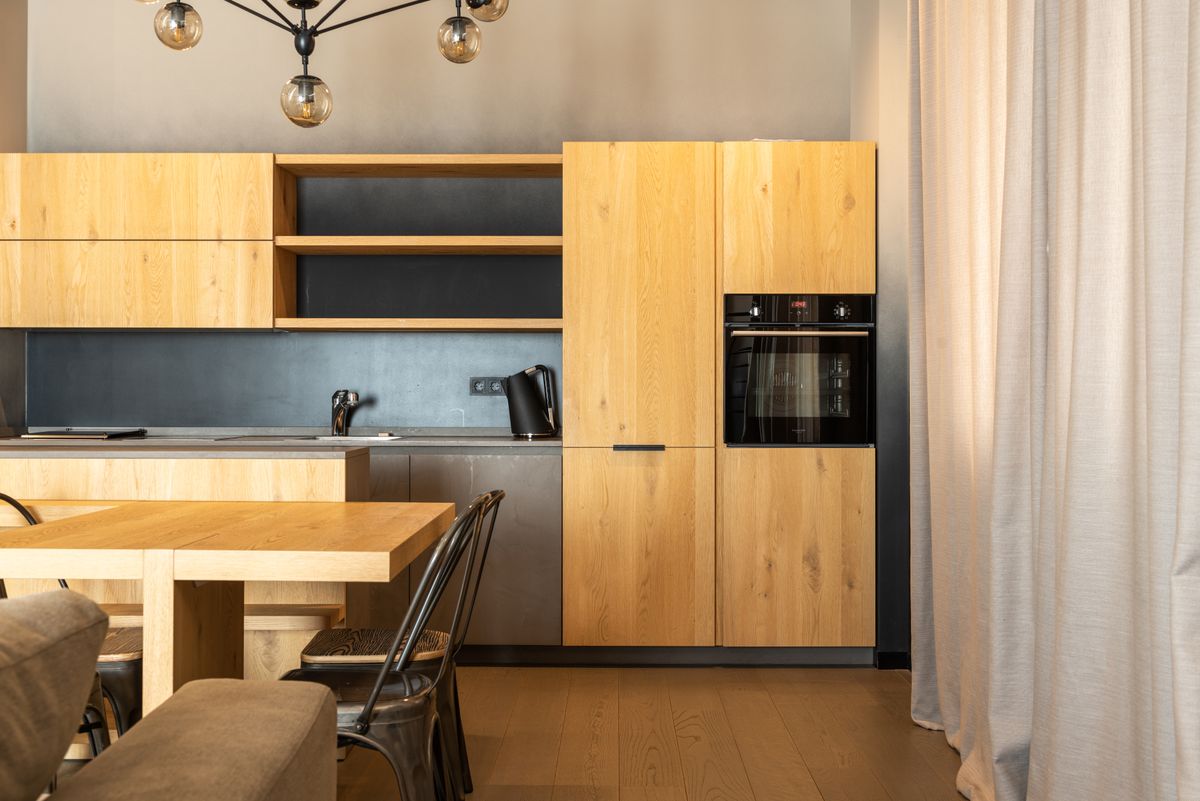 Light oak kitchen with open shelving