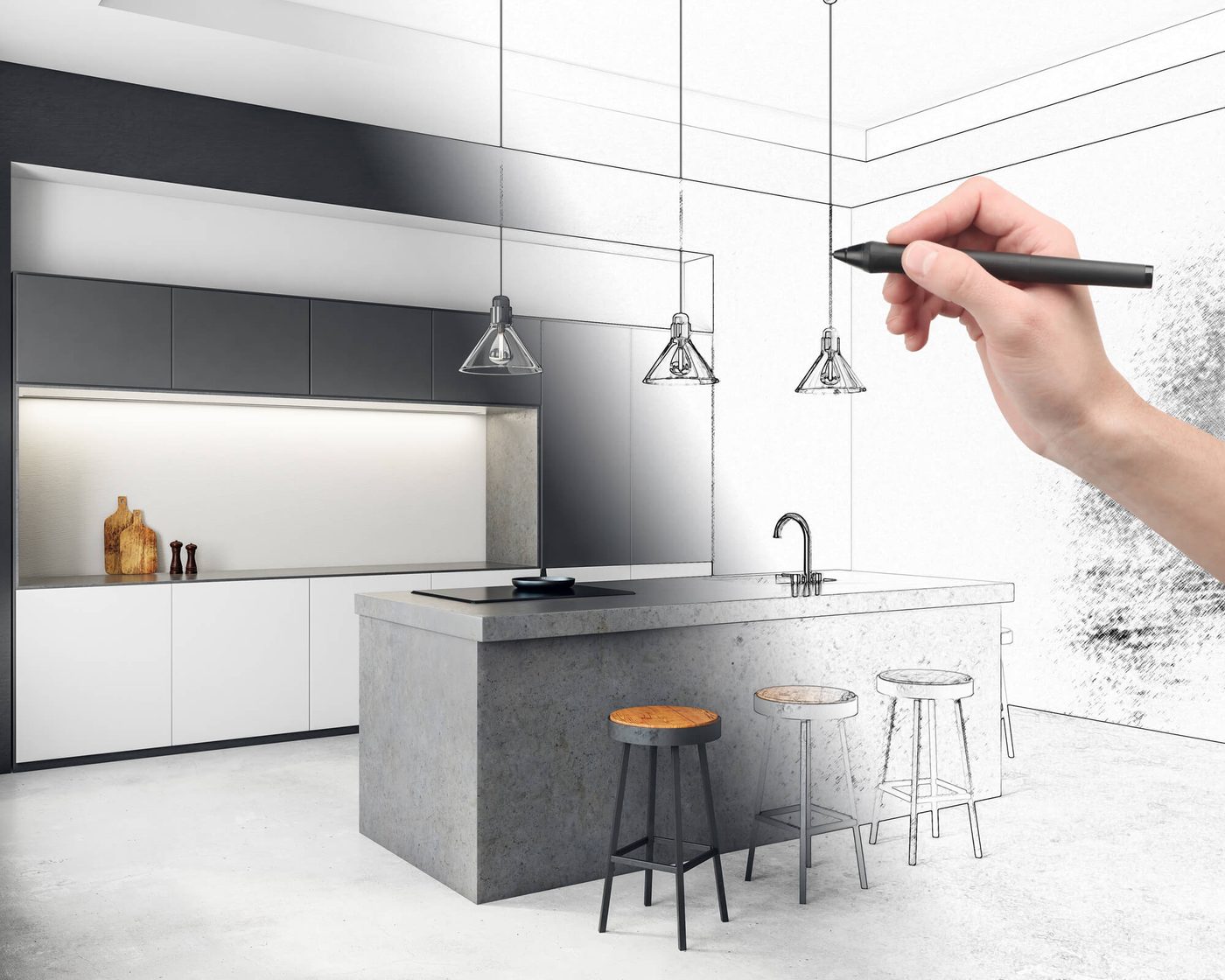 A kitchen drawing resolving into the finished room it describes