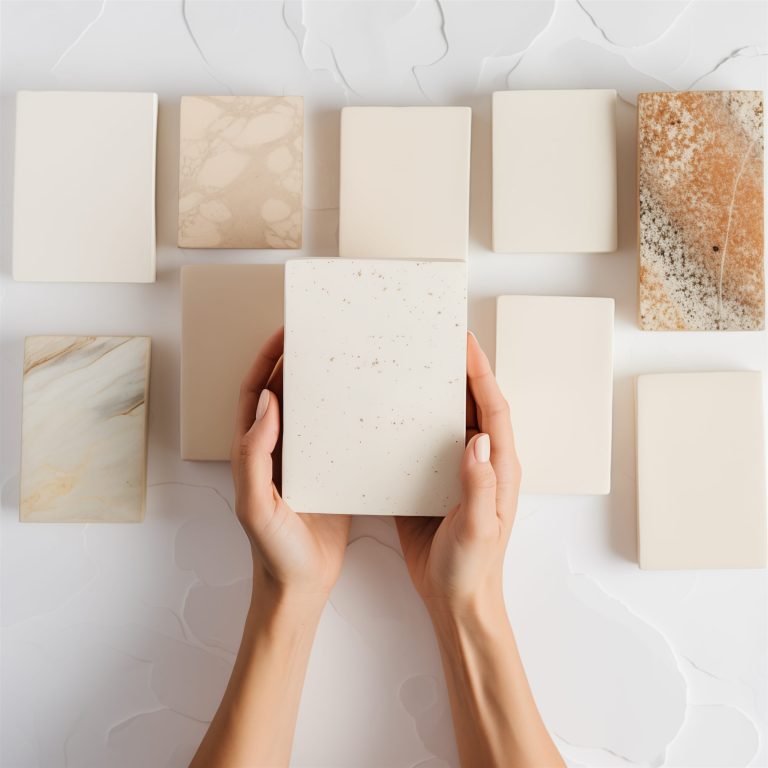 Hands holding a stone countertop sample above a spread of material samples