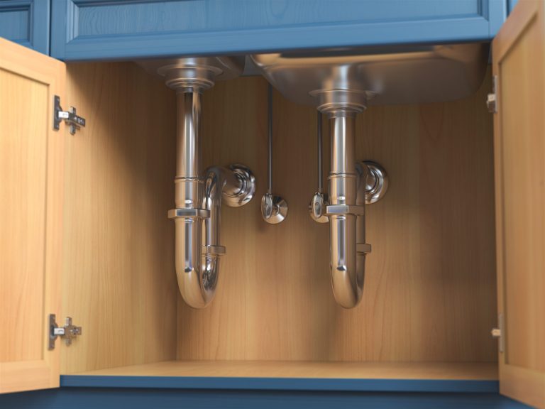 Chrome drain traps and supply shutoff valves under a double kitchen sink