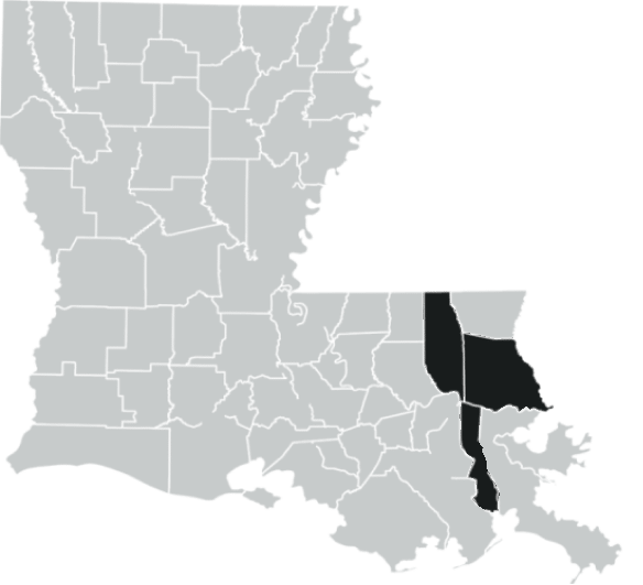 Map of Louisiana with the Big Easy Kitchens service area shaded